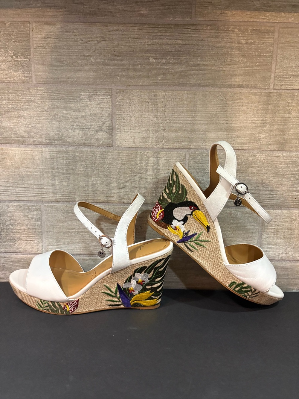 J.Renee Triella White Wedge Sandals with Tropical Toucan Embroidery